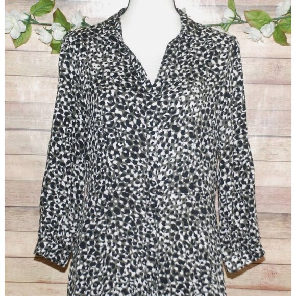 Skies Are Blue Patterned Maxi Dress Button Front Size L 3/4 Sleeve High Slit - Picture 2 of 10